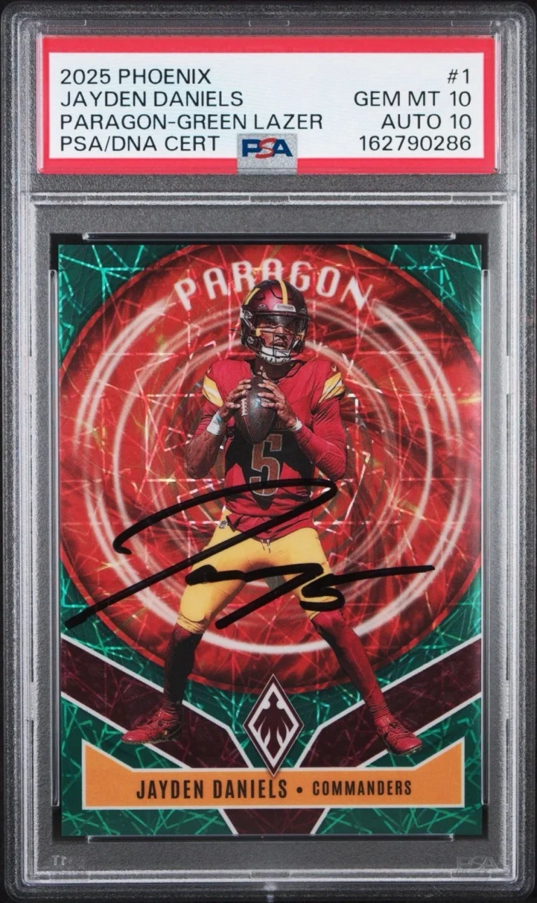 2025 Panini Phoenix #1 Jayden Daniels Paragon Green Lazer /49 PSA 10/AUTO 10