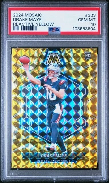 Graded 2024 Panini Mosaic Drake Maye #303 Reactive Yellow RC Card PSA 10