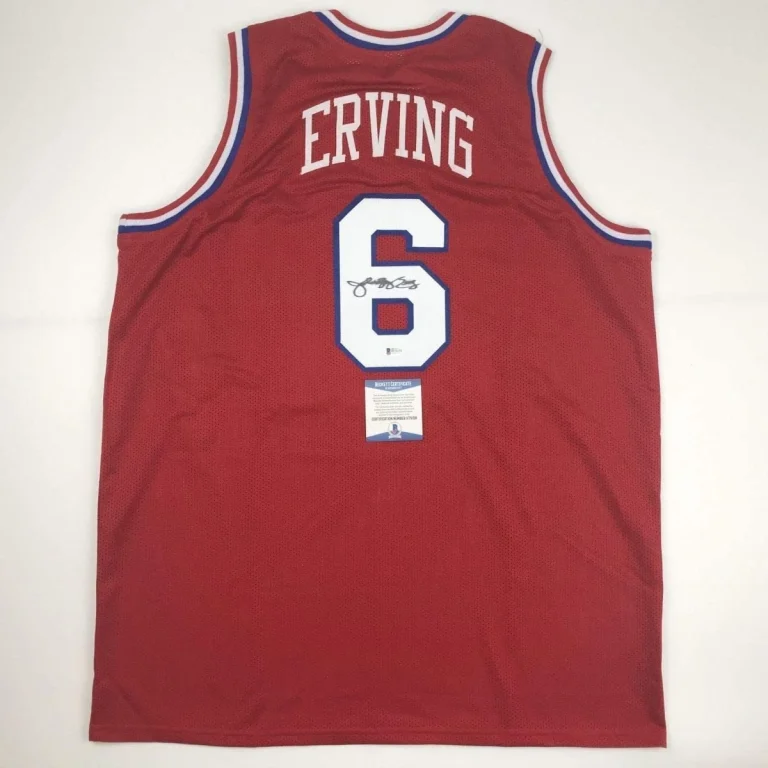 Autographed/Signed Julius Erving Dr. J Philadelphia Red Jersey Beckett COA