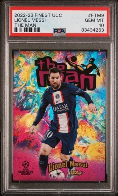 Graded 2022 Topps Finest UCC Lionel Messi #FTM9 The Man Soccer Card PSA 10