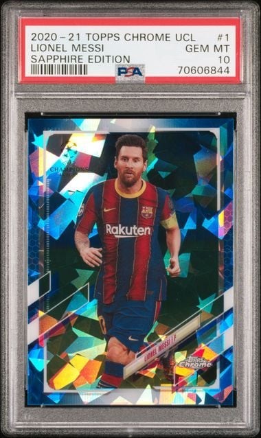 Graded 2020 Topps Chrome UCL Lionel Messi #1 Sapphire Soccer Card PSA 10