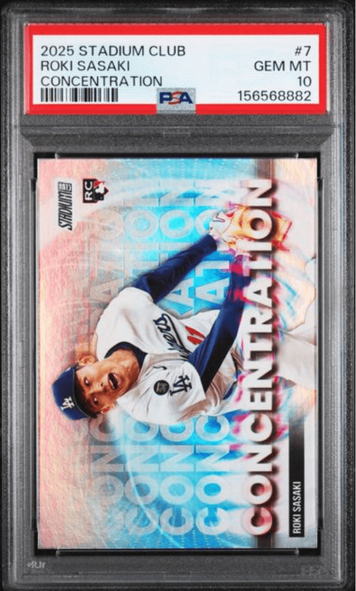 Graded 2025 Topps Stadium Club Roki Sasaki #7 Concentration RC Card PSA 10