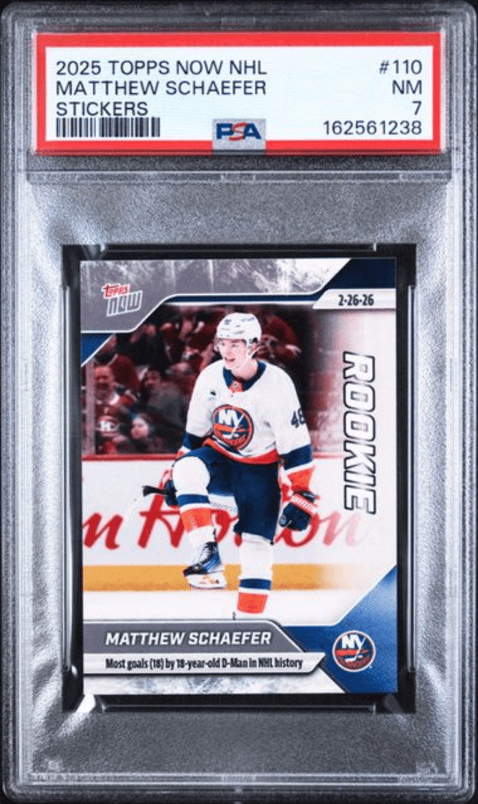 Graded 2025 Topps Now Matthew Schaefer #110 Rookie RC Card PSA 7