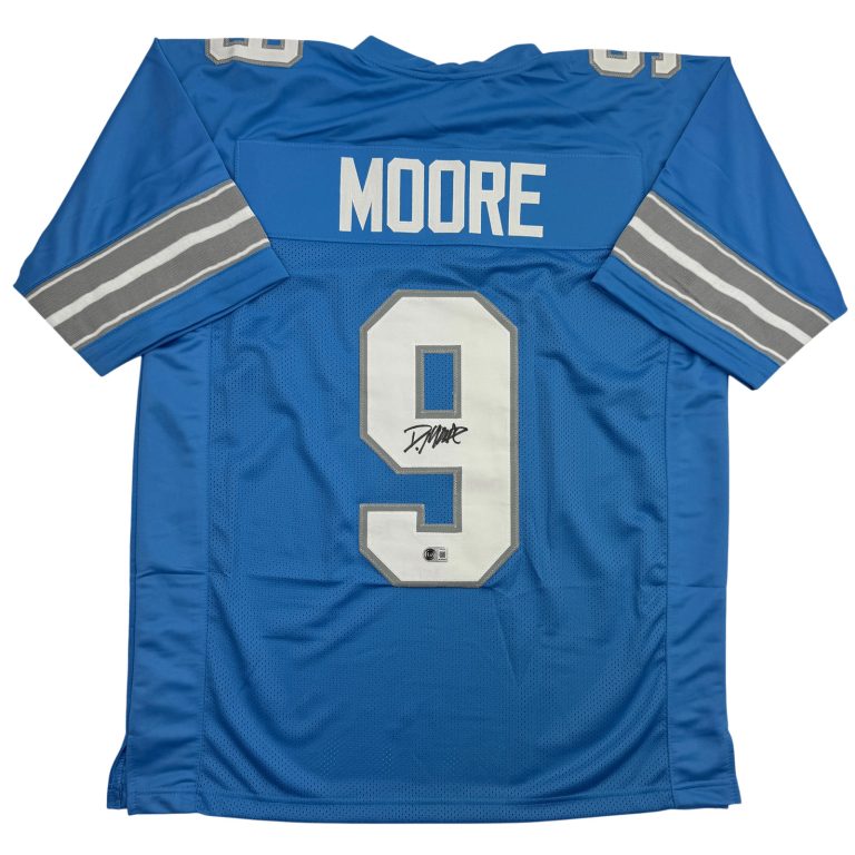 Autographed/Signed Derrick Moore Detroit Blue Football Jersey BAS COA