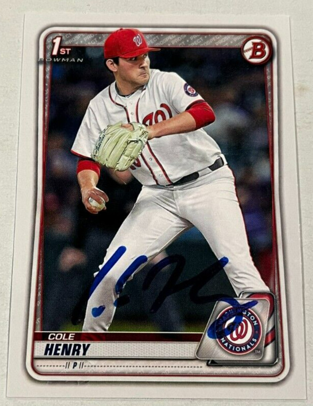 COLE HENRY SIGNED 2020 BOWMAN DRAFT PROSPECT BASEBALL ROOKIE CARD AUTO