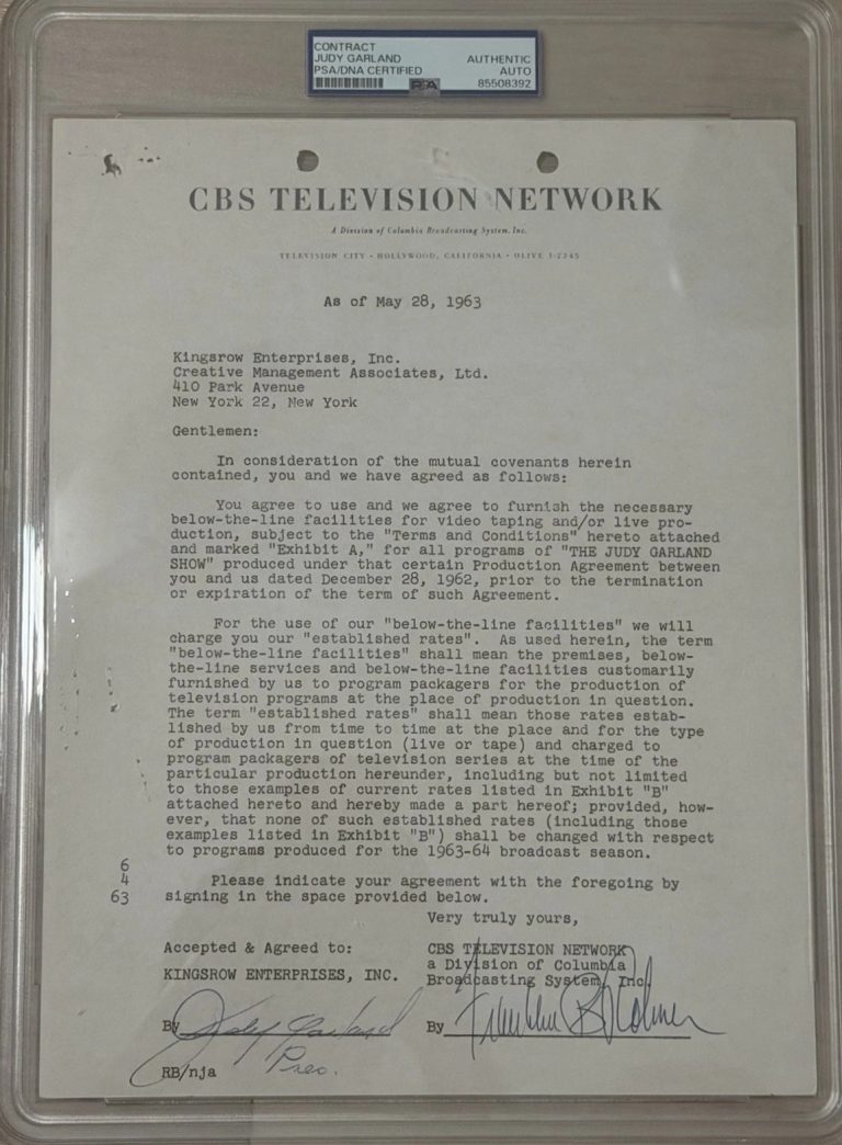 Judy Garland Signed Auto 1963 CBS TV Contract Judy Garland Show PSA DNA