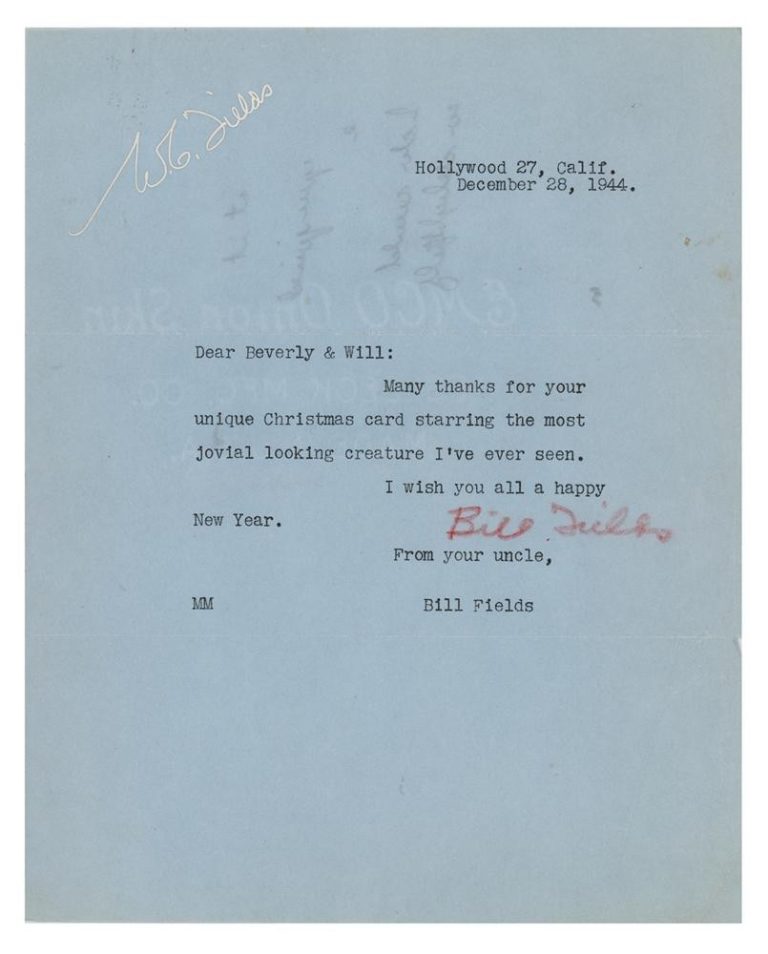 WC Fields Signed Auto 1944 WWII Typed Christmas Letter to Niece Grad LOA