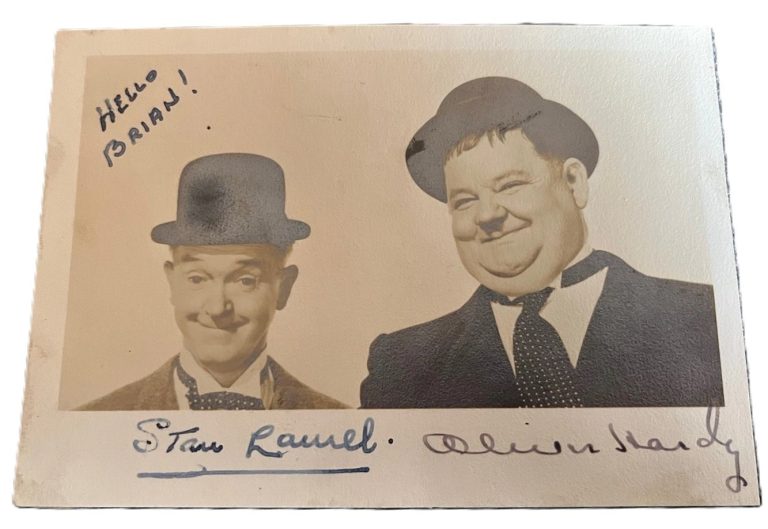 Laurel and Hardy Dual Signed Auto 3.5x5.5 Postcard Photograph Grad LOA