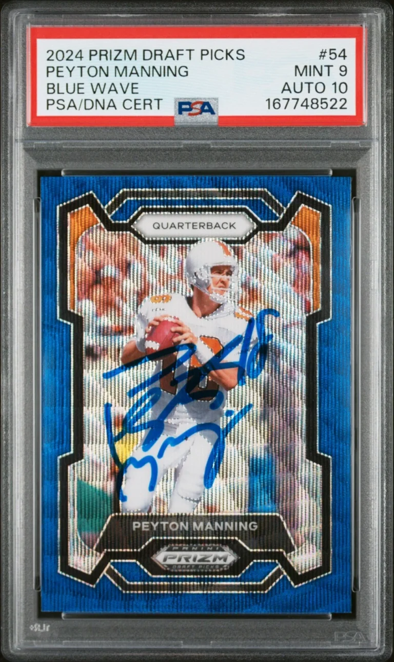 Peyton Manning Signed 2024 Panini Prizm Draft Picks Blue Wave 229/249 #54 PSA 9