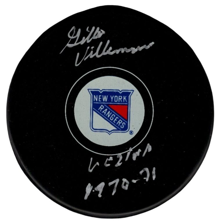 Gilles Villemure Signed New York Rangers Logo Puck w/ 1970-71 Vezina PSA COA