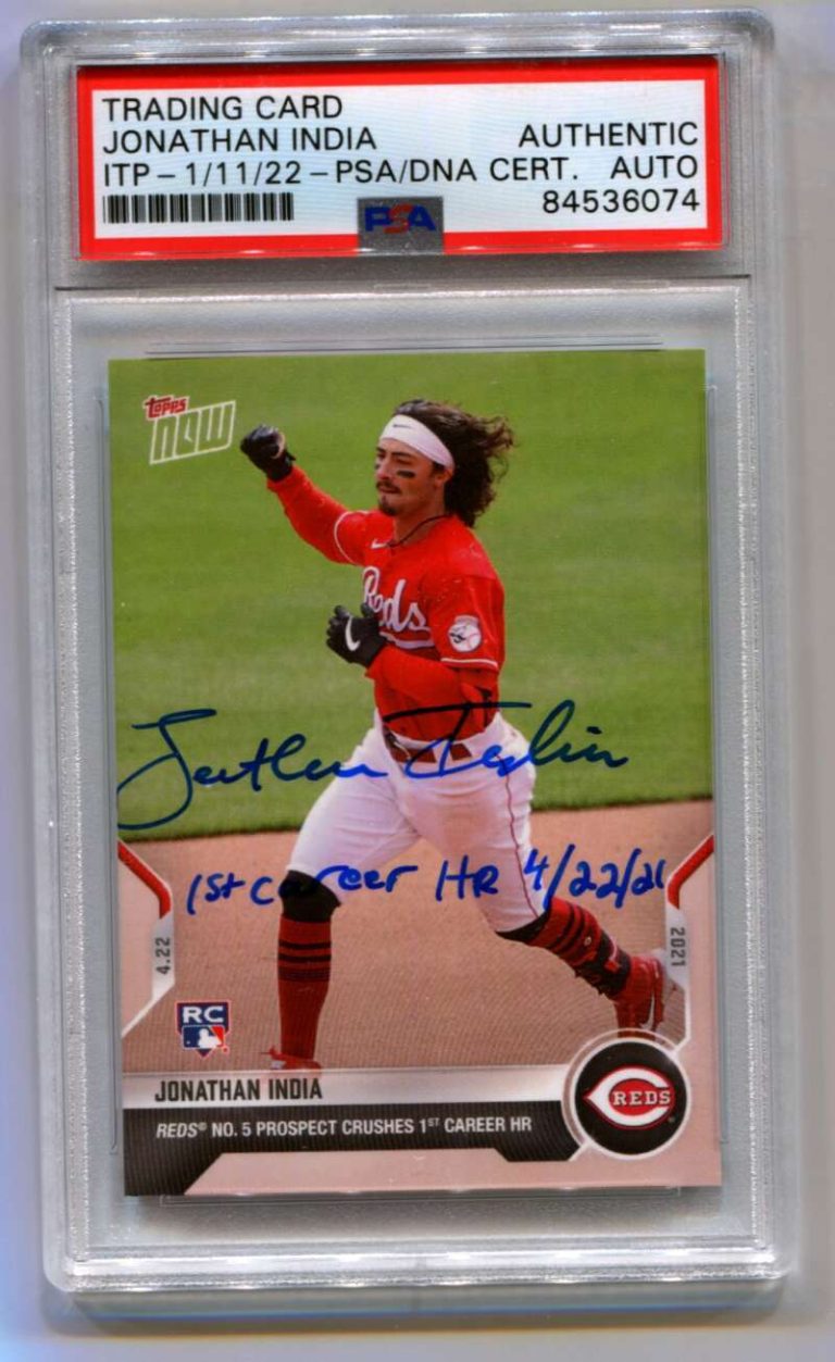 Jonathan India 2021 Topps Now RC 1st Career HR Insc. Signed Auto PSA DNA ITP