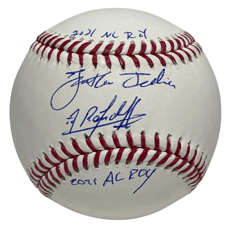 Randy Arozarena & Jonathan India Dual Signed ROMLB Baseball ROY PSA ITP COA