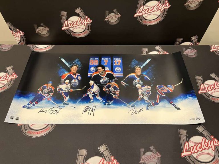 Wayne Gretzky Paul Coffey Jari Kurri Triple Signed Auto 36x18 Photo UDA COA