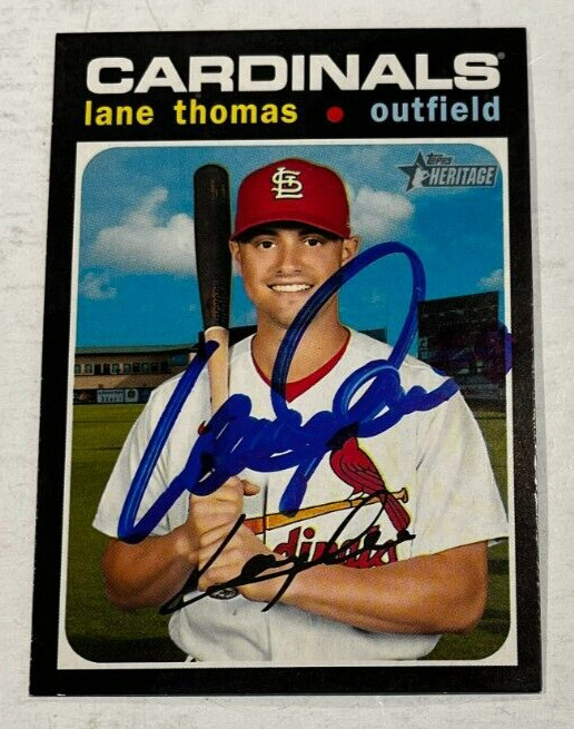 LANE THOMAS SIGNED 2020 TOPPS HERITAGE BASEBALL CARD AUTO