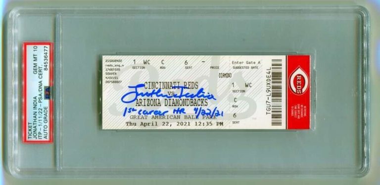 Jonathan India Signed 1st Home Run Ticket 4/22/2021 w/ Inscription PSA 10 Auto