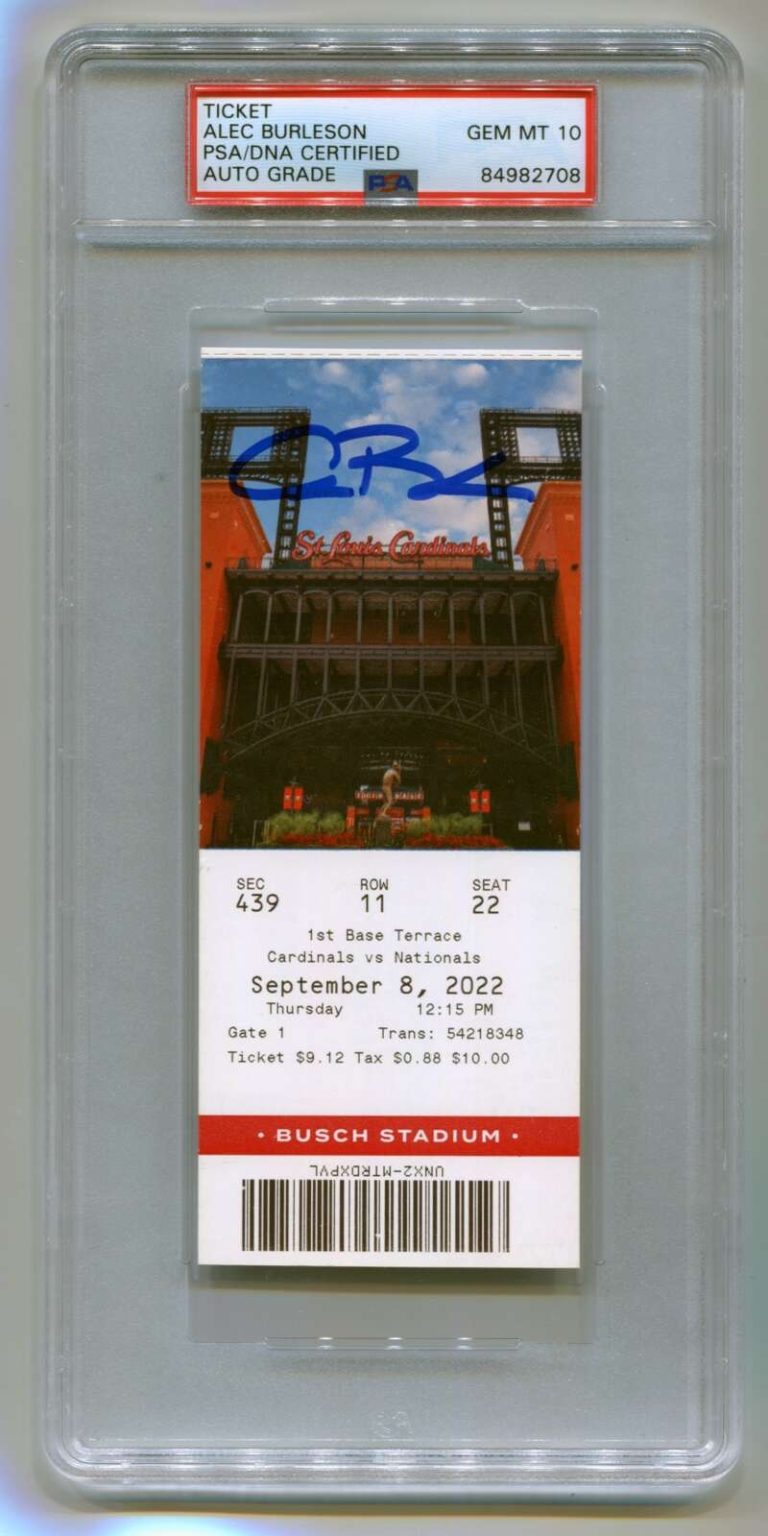 Alec Burleson Signed MLB Debut Game Ticket 9/8/22 PSA 10 Auto GEM MT Cardinals