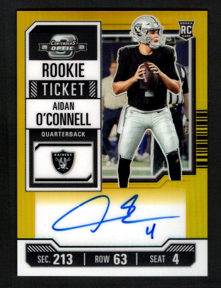Aidan O'Connell 2023 Contenders Optic Rookie Ticket Gold Prizm Auto RC #10/10