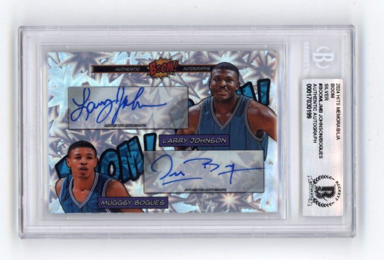 Larry Johnson & Muggsy Bogues 2024 Hits BOOM Silver Dual Signed BGS BAS Auto