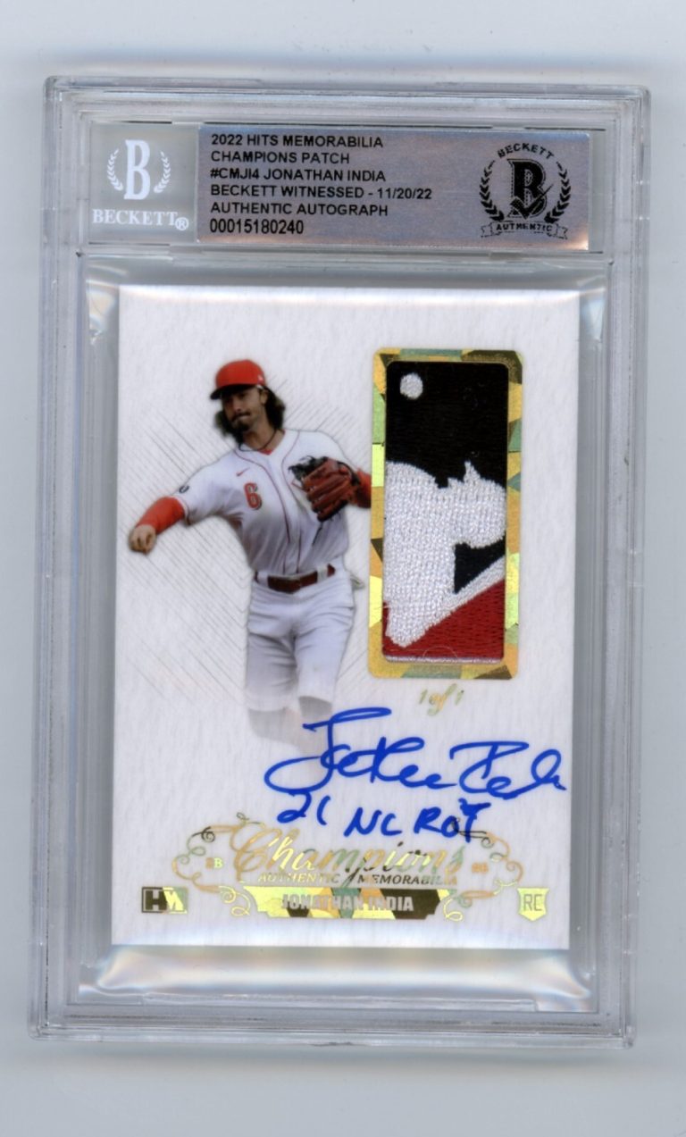 Jonathan India 2021 Hits Memorabilia Champions Gold Logoman Patch Auto RC /1 BGS
