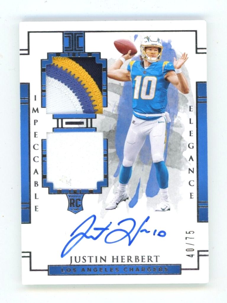 Justin Herbert 2020 Panini Impeccable Elegance 103 RPA Dual Patch Auto RC #40/75
