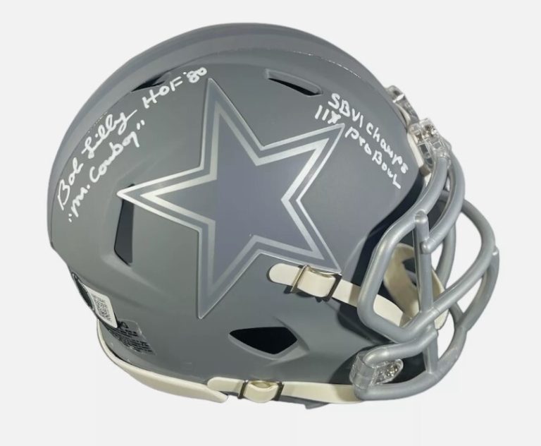 Bob Lilly Signed Cowboys Slate Mini Helmet w/ 4 Ins Beckett Witness BAS COA