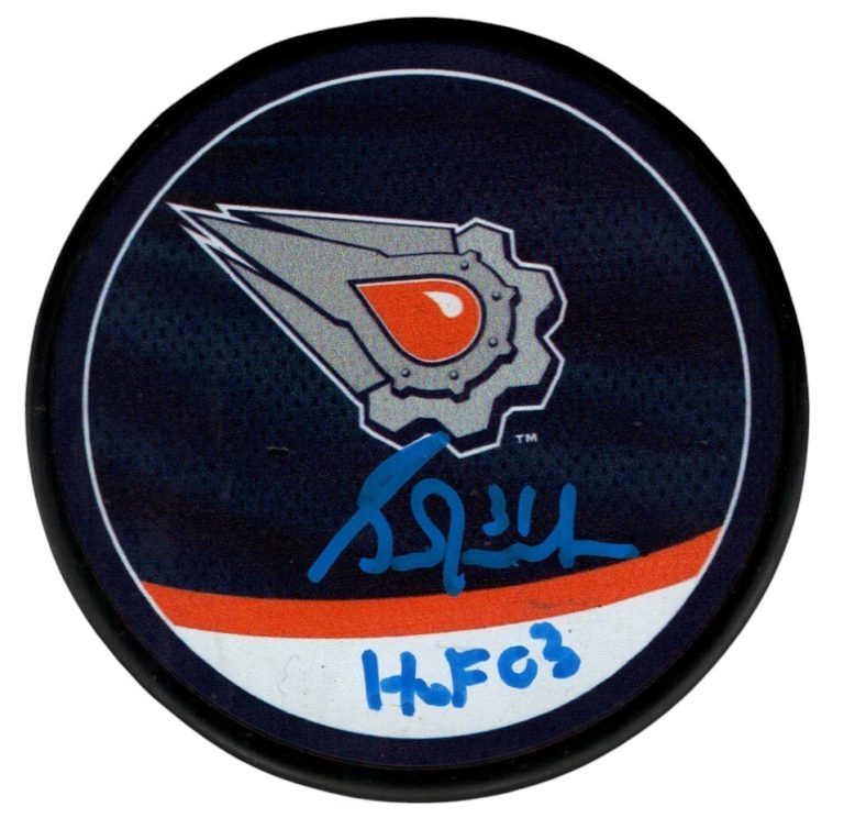 Grant Fuhr Signed Oilers Reverse Retro Puck w/ HOF 03 Beckett Witness BAS COA