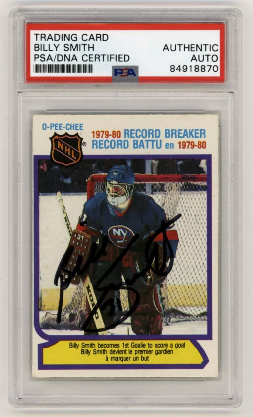 Billy Smith 1980-81 O-Pee-Chee OPC #5 Record Breaker Signed PSA Auth Auto Black