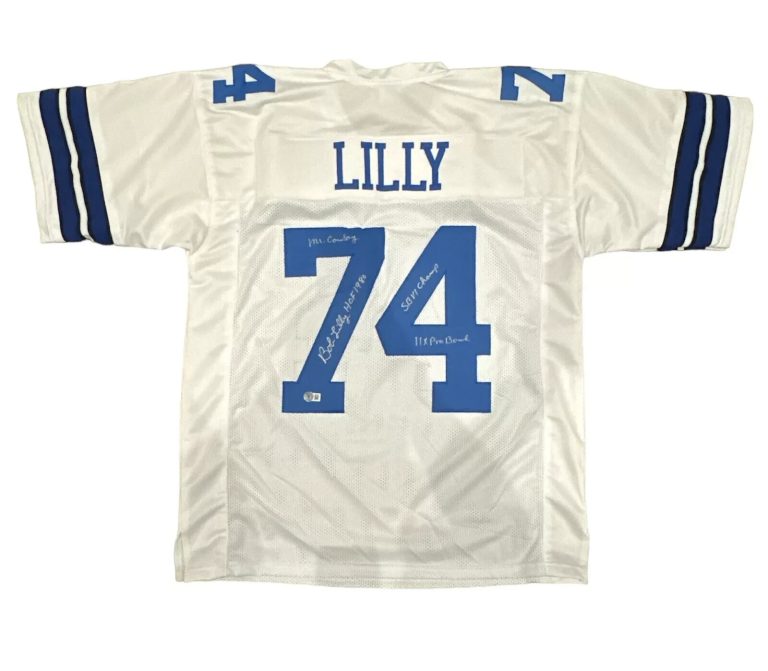 Bob Lilly Signed Dallas Cowboys White Custom Jersey w/ 4 Ins Beckett Wit BAS COA