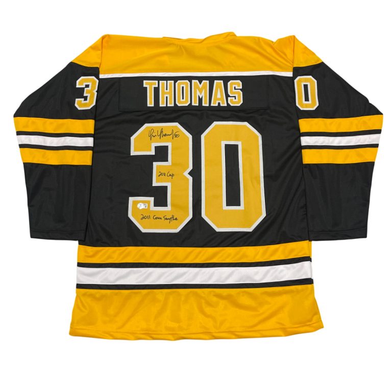 Tim Thomas Signed Bruins Custom Jersey w 2011 Cup & Con Smythe Beckett W BAS COA