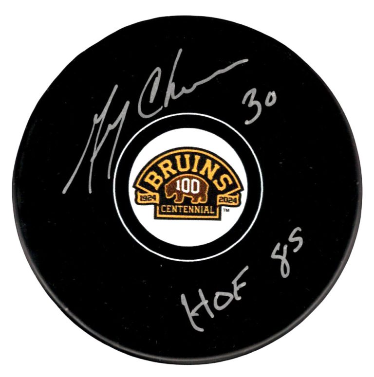 Gerry Cheevers Signed Bruins 100th Centennial Puck w/ HOF 85 Beckett Wit BAS COA