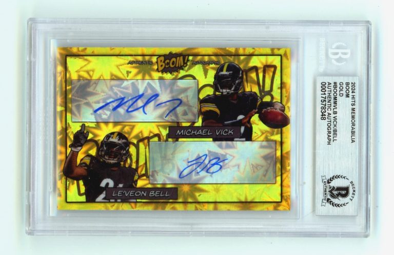 Michael Vick & Le'Veon Bell 2024 Hits Mem BOOM Gold JSY # 2/5 Signed BGS Auto