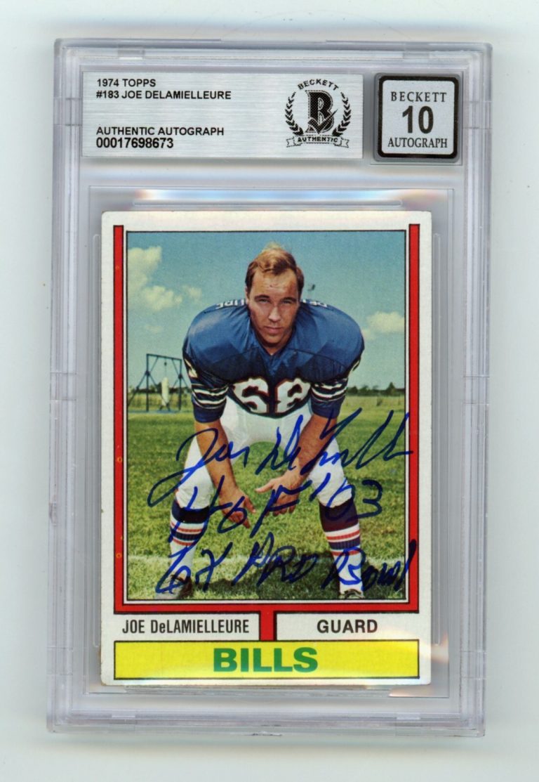 Joe DeLamielleure 1974 Topps #183 Rookie RC Signed w/ 2 Insc. BGS 10 Auto Bills
