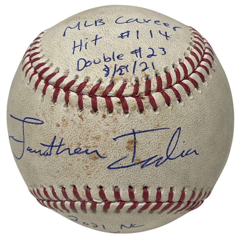 Jonathan India Signed 2021 Rookie Game Used Double Hit Baseball w/ Insc. PSA COA