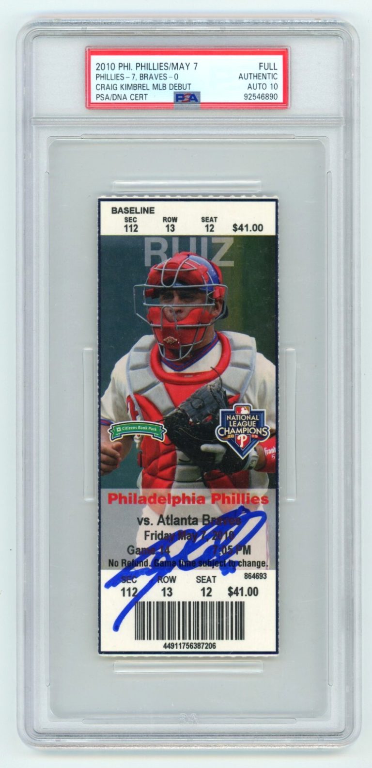 Craig Kimbrel Signed MLB Debut & 1st Strikeout Season Ticket PSA 10 Auto Braves