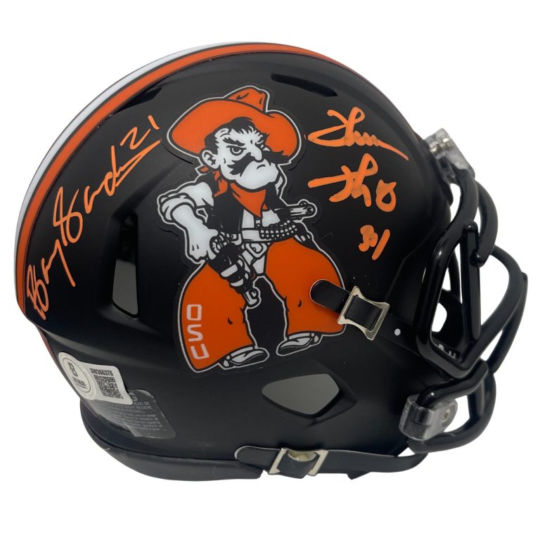 Barry Sanders Thurman Thomas Signed OSU Pistol Pete Mini Helmet Beckett BAS COA