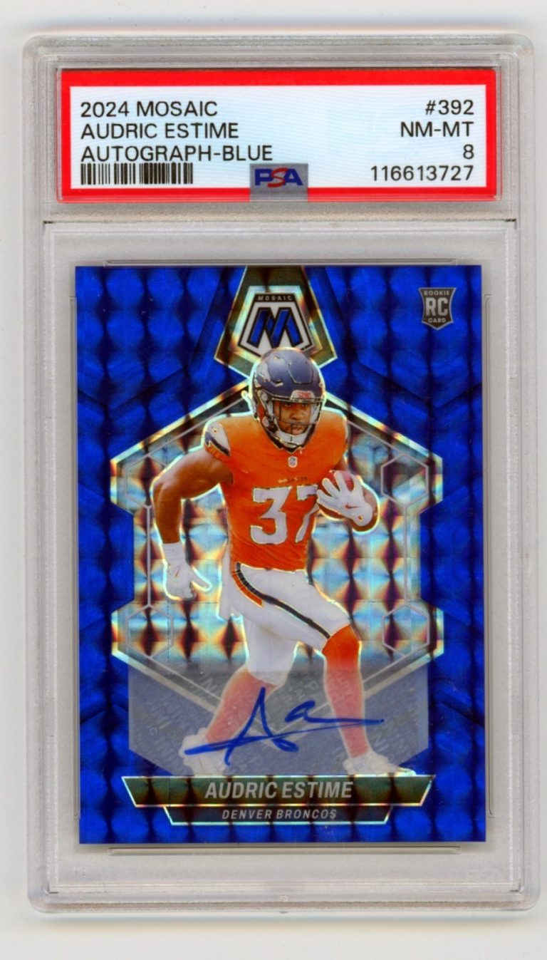 Audric Estime 2024 Panini Mosaic Blue Signed Auto RC /99 PSA 8 Denver  Broncos