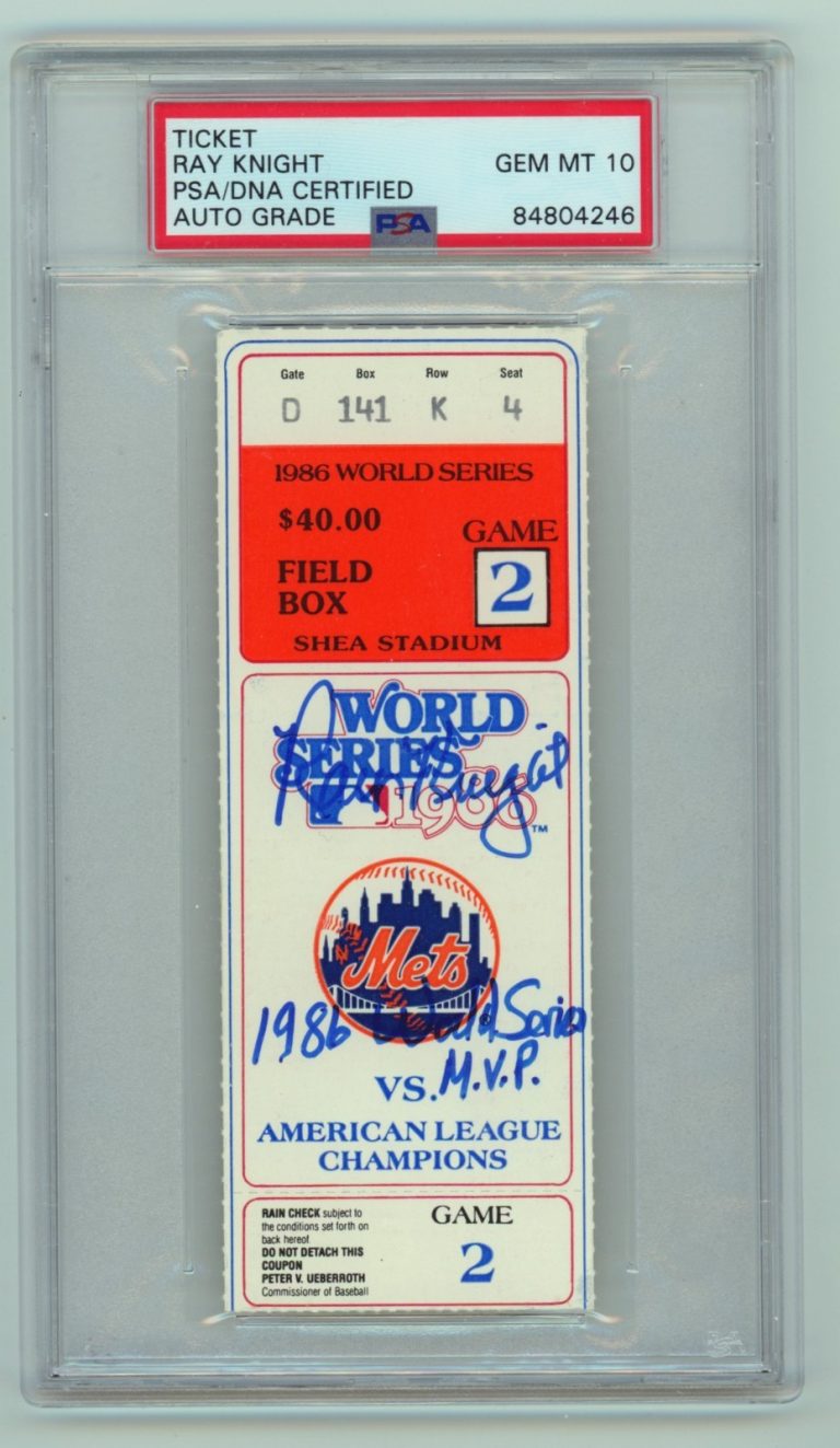 Ray Knight Signed 1986 World Series Game 2 Ticket w/ 1986 WS MVP Ins PSA 10 Auto