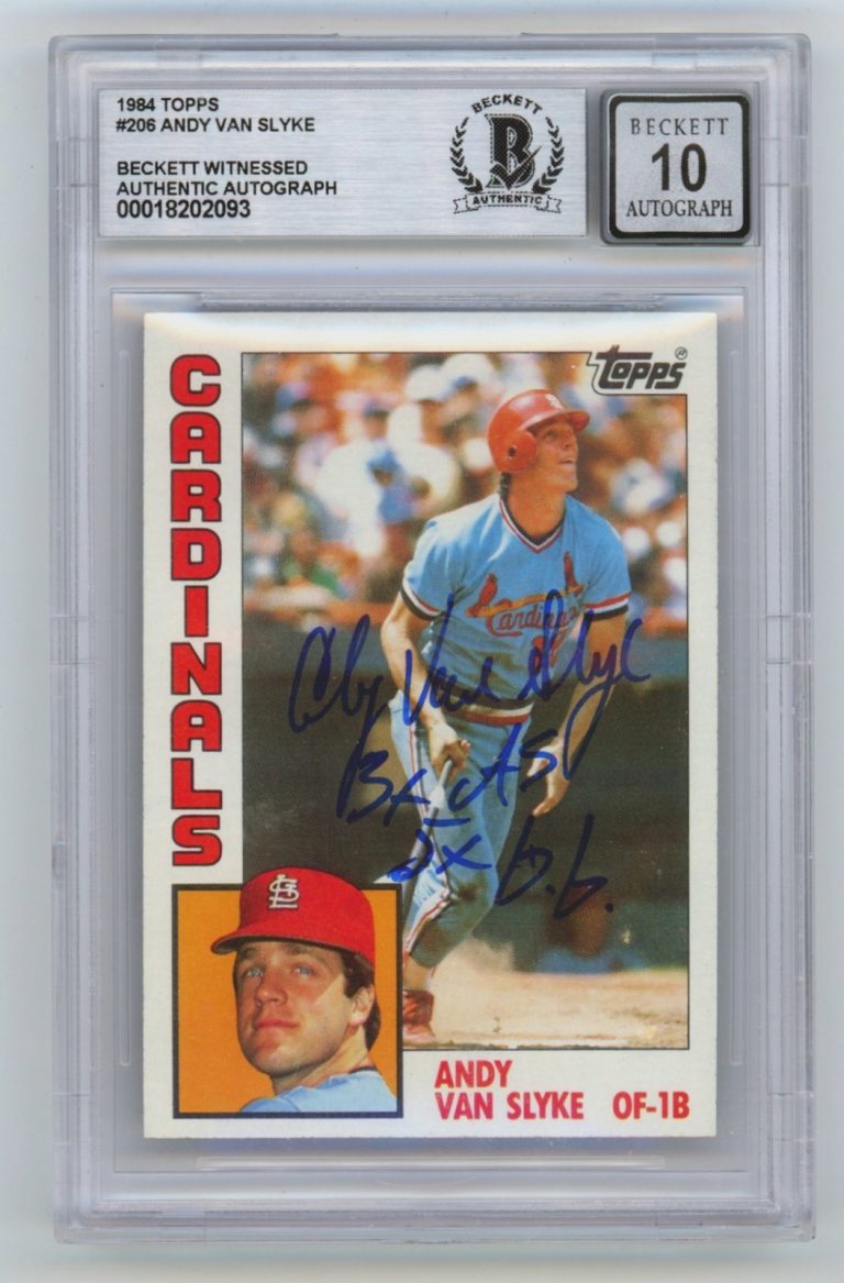 Andy Van Slyke 1984 Topps #206 Signed Rookie RC w/ 2 Insc. Beckett BGS 10 Auto