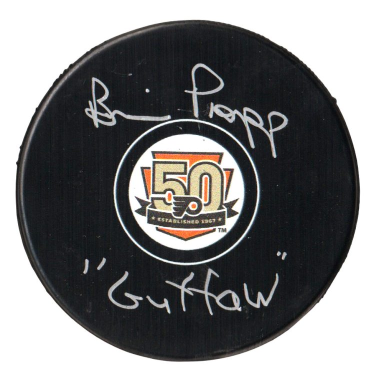 Brian Propp Signed Philadelphia Flyers 50th Puck w/ Guffaw Beckett Wit BAS COA