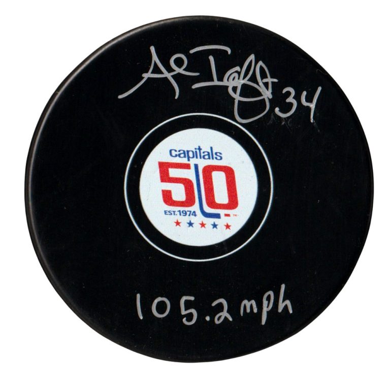 Al Iafrate Signed Capitals 50th Anniversary Puck w 105.2 MPH Beckett Wit BAS COA