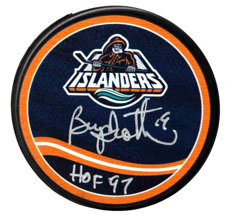 Bryan Trottier Signed Islanders Reverse Retro Puck w/ HOF 97 Beckett Wit BAS COA