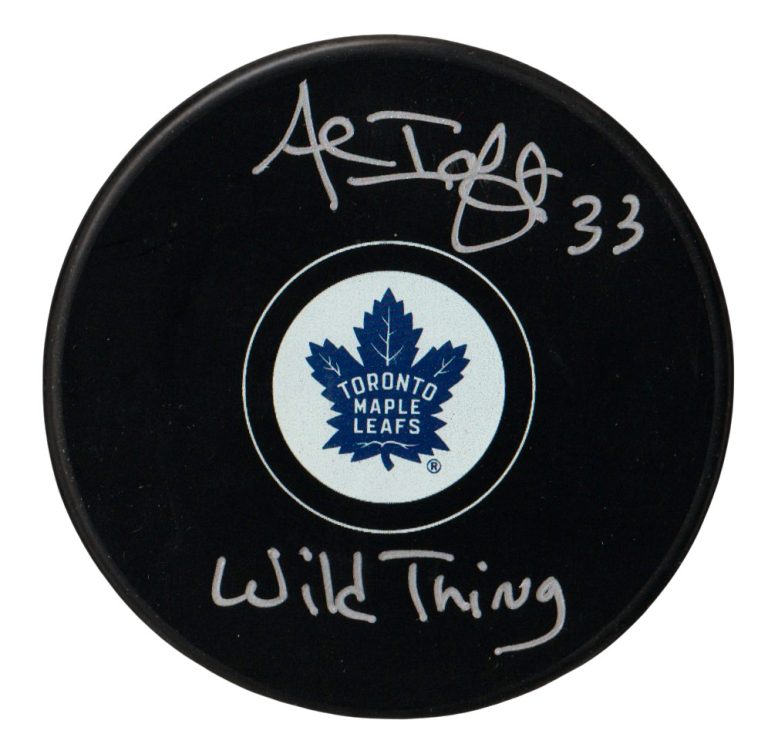 Al Iafrate Signed Maple Leafs Logo Puck w/ Wild Thing Beckett Witness BAS COA