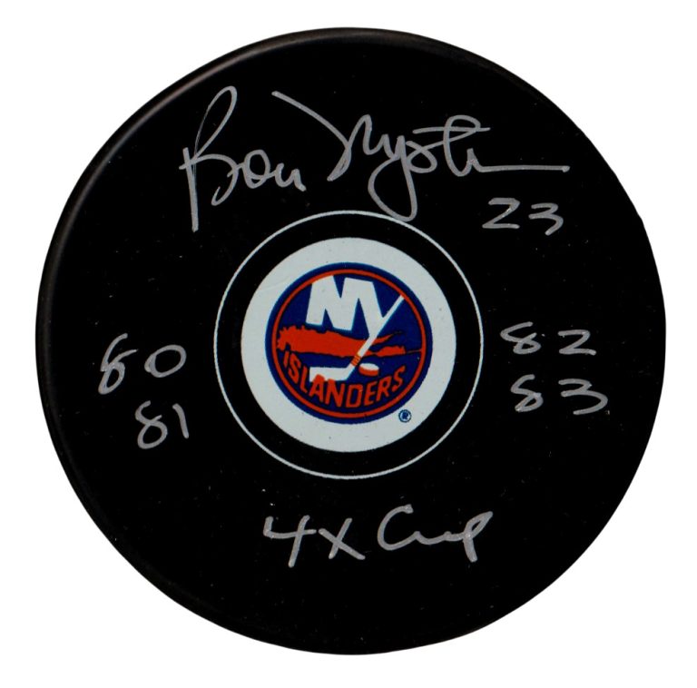 Bobby Nystrom Signed  Islanders Logo Puck w 4x Cup 80 81 82 83 Beckett W BAS COA