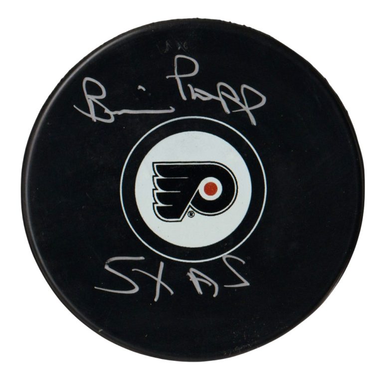 Brian Propp Signed Philadelphia Flyers Logo Puck w 5x AS Beckett Witness BAS COA