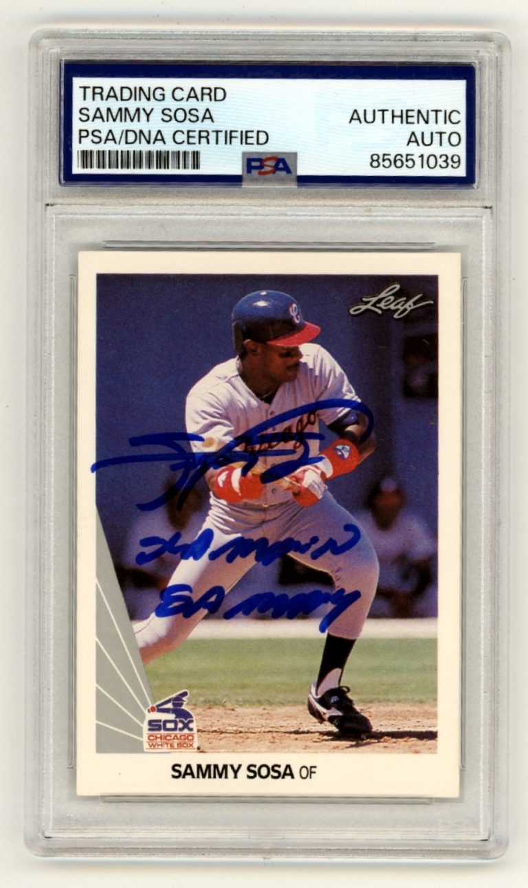 Sammy Sosa 1990 Leaf #220 Signed Rookie RC w/ Slamming Sammy PSA Authentic Auto