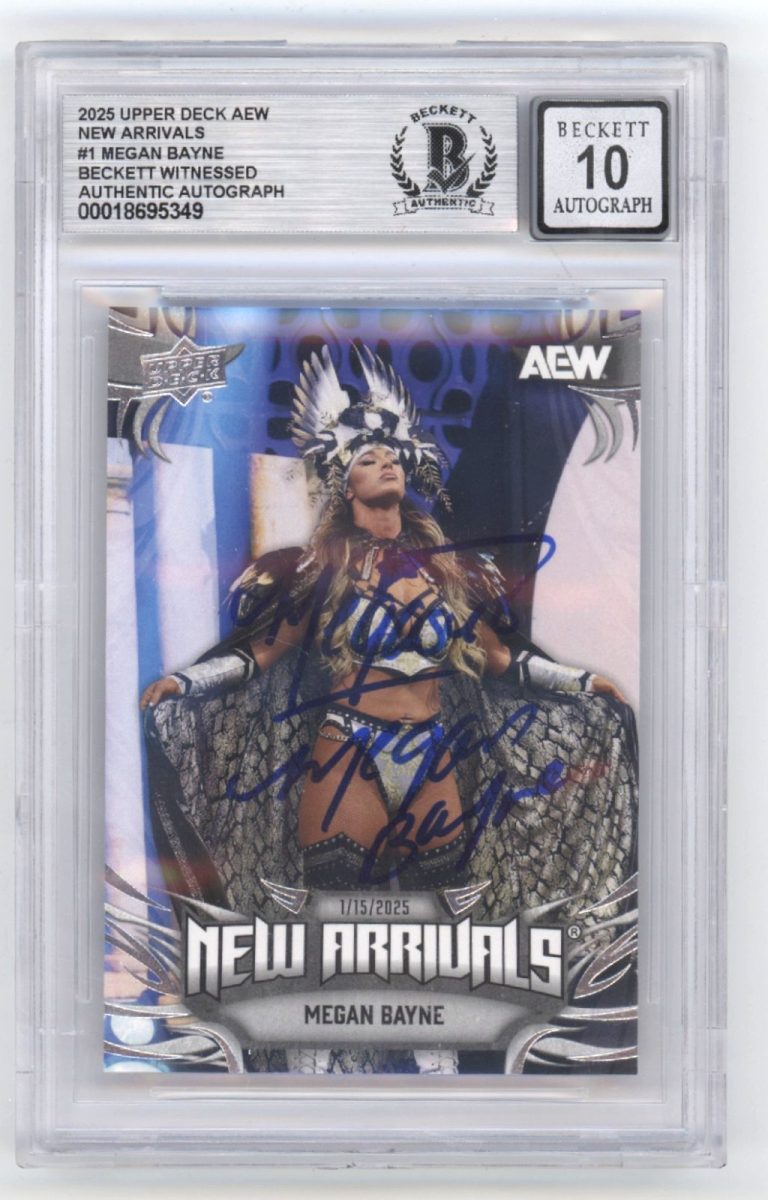 Megan Bayne 2025 UD AEW New Arrivals Signed w/ Megasus Beckett BGS 10 Auto