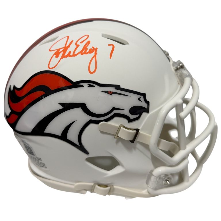 John Elway Signed Denver Broncos Flat White Mini Helmet Beckett Witness BAS COA