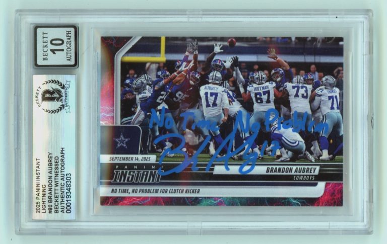 Brandon Aubrey 2025 Panini Instant Lightning Signed Insc #/5 Beckett BGS 10 Auto