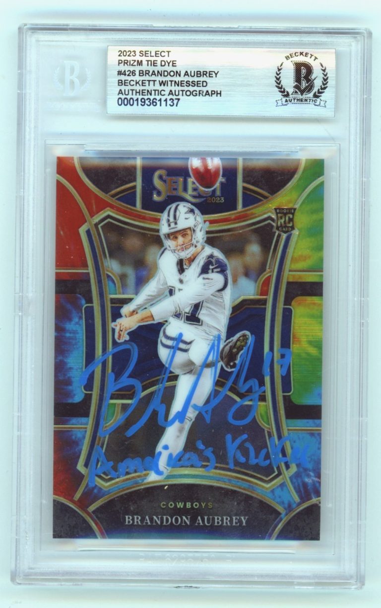 Brandon Aubrey 2023 Panini Select Tie-Dye Prizm Signed w/ Insc. RC #/25 BGS Auto
