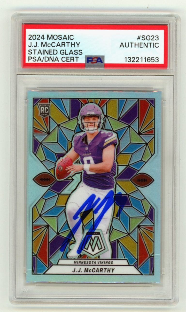 J.J. McCarthy 2024 Panini Mosaic Stained Glass Prizm Auto Case Hit RC PSA Auto
